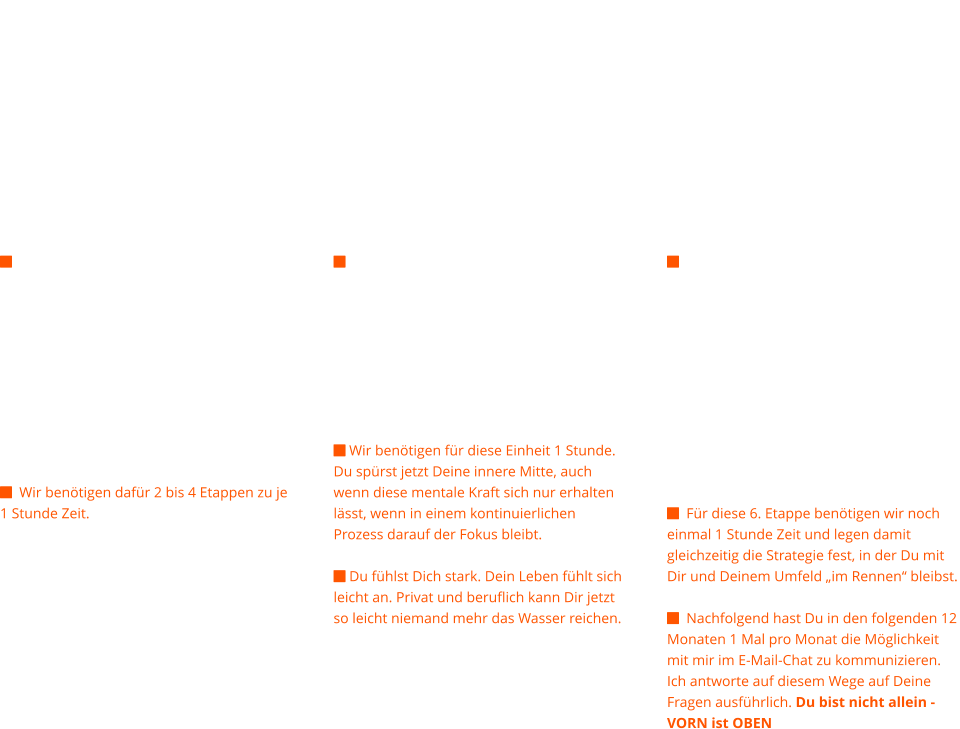 Dein Weg  Für Deinen Wege haben wir in der Strategieplanung Zwischenziele definiert. So können wir immer kontrollieren, ob wir für das eigentliche Ziel am Ende noch im richtigen Zeitplan sind. Sollte etwas einmal nicht so ablaufen, ist immer Gelegenheit um gegenzusteuern. Wie lang Dein Weg ist hängt von Deiner individuellen Situation ab. Aber Du entscheidest zu jeder Zeit selbst, ob oder wie es weitergehen soll.    Wir benötigen dafür 2 bis 4 Etappen zu je 1 Stunde Zeit.     Das Ziel - Du hast es geschafft   Wir haben 6 bis 8 Stunden, aufgeteilt auf verschiedene Etappen, miteinander im Gespräch verbracht. Nach der anfänglichen Strategieplanung sind im weiteren Verlauf Deine Erfahrungen und Zwischenergebnisse in Dein persönliches Entwicklungsprojekt eingeflossen. An dieser Stelle ist nun die richtige Zeit um ein Fazit zu ziehen.    Wir benötigen für diese Einheit 1 Stunde. Du spürst jetzt Deine innere Mitte, auch wenn diese mentale Kraft sich nur erhalten lässt, wenn in einem kontinuierlichen Prozess darauf der Fokus bleibt.   Du fühlst Dich stark. Dein Leben fühlt sich leicht an. Privat und beruflich kann Dir jetzt so leicht niemand mehr das Wasser reichen.   Nachbetrachtung - Ausblick  Stichwort „kontinuierlicher Prozess“: Mit den zurückliegenden 5 Proejktetappen hast Du Fähigkeiten erworben, sodass Du in der Lage bist, Dein Leben in der Zukuft selbst zu steuern. Wenn wieder einmal etwas aus dem Ruder läuft, bist Du in der Lage mit Deinem neuen Selbstbewusstsein und Deiner inneren mentalen Kraft Dich durch die richtigen Entscheidungen und Vorgehensweisen wieder schnell auf Spur zu bringen.    Für diese 6. Etappe benötigen wir noch einmal 1 Stunde Zeit und legen damit gleichzeitig die Strategie fest, in der Du mit Dir und Deinem Umfeld „im Rennen“ bleibst.    Nachfolgend hast Du in den folgenden 12 Monaten 1 Mal pro Monat die Möglichkeit mit mir im E-Mail-Chat zu kommunizieren. Ich antworte auf diesem Wege auf Deine Fragen ausführlich. Du bist nicht allein - VORN ist OBEN